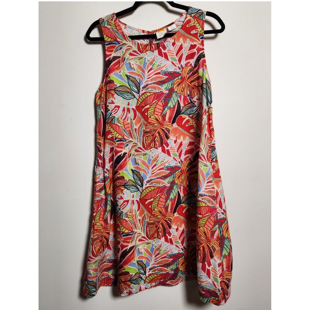 C&C California 100% Linen Tropical Shift Dress Med Sleeveless Knee Length Pocket